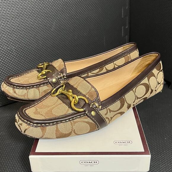 Coach Womens Khaki Horsebit Loafer Driving Moc Shoes Size 9M Logo Print - Picture 1 of 11